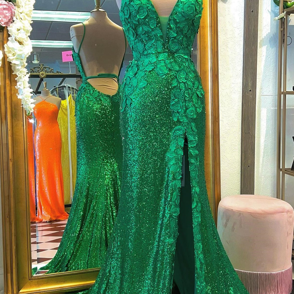 
                      
                        Plunge Neck Light Blue Sequin Mermaid Long Dress
                      
                    