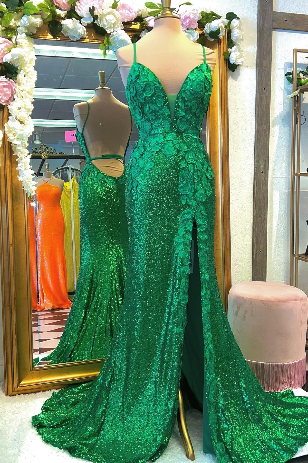 Plunge Neck Light Blue Sequin Mermaid Long Dress