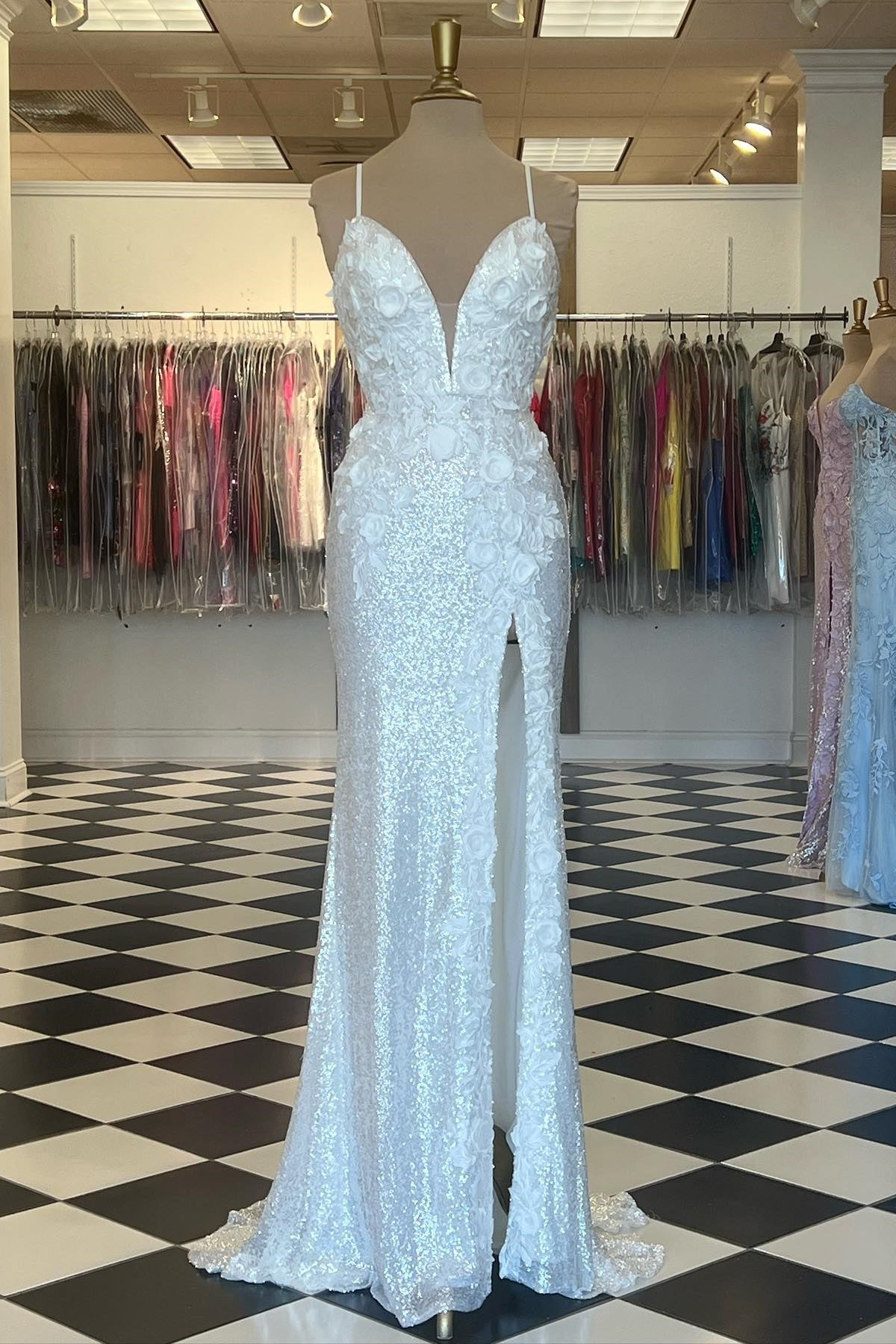 Plunge Neck Light Blue Sequin Mermaid Long Dress