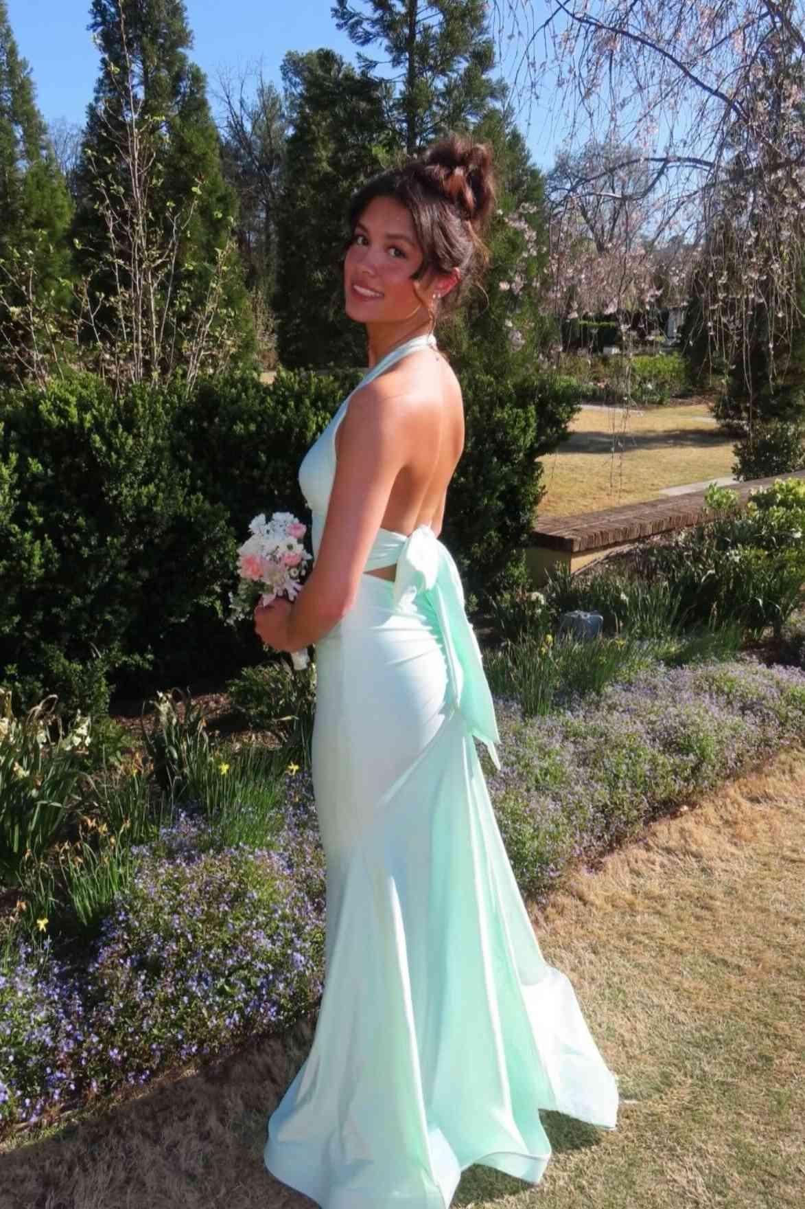 Plunge Neck Pink Open Back Mermaid Long Dress