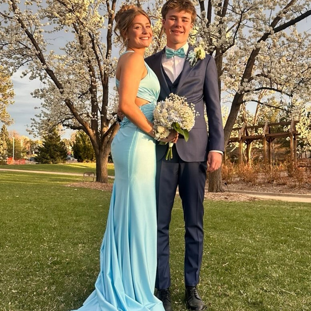 
                      
                        Plunge neck Blue Cut-out Mermaid Long Dress with Rosette
                      
                    