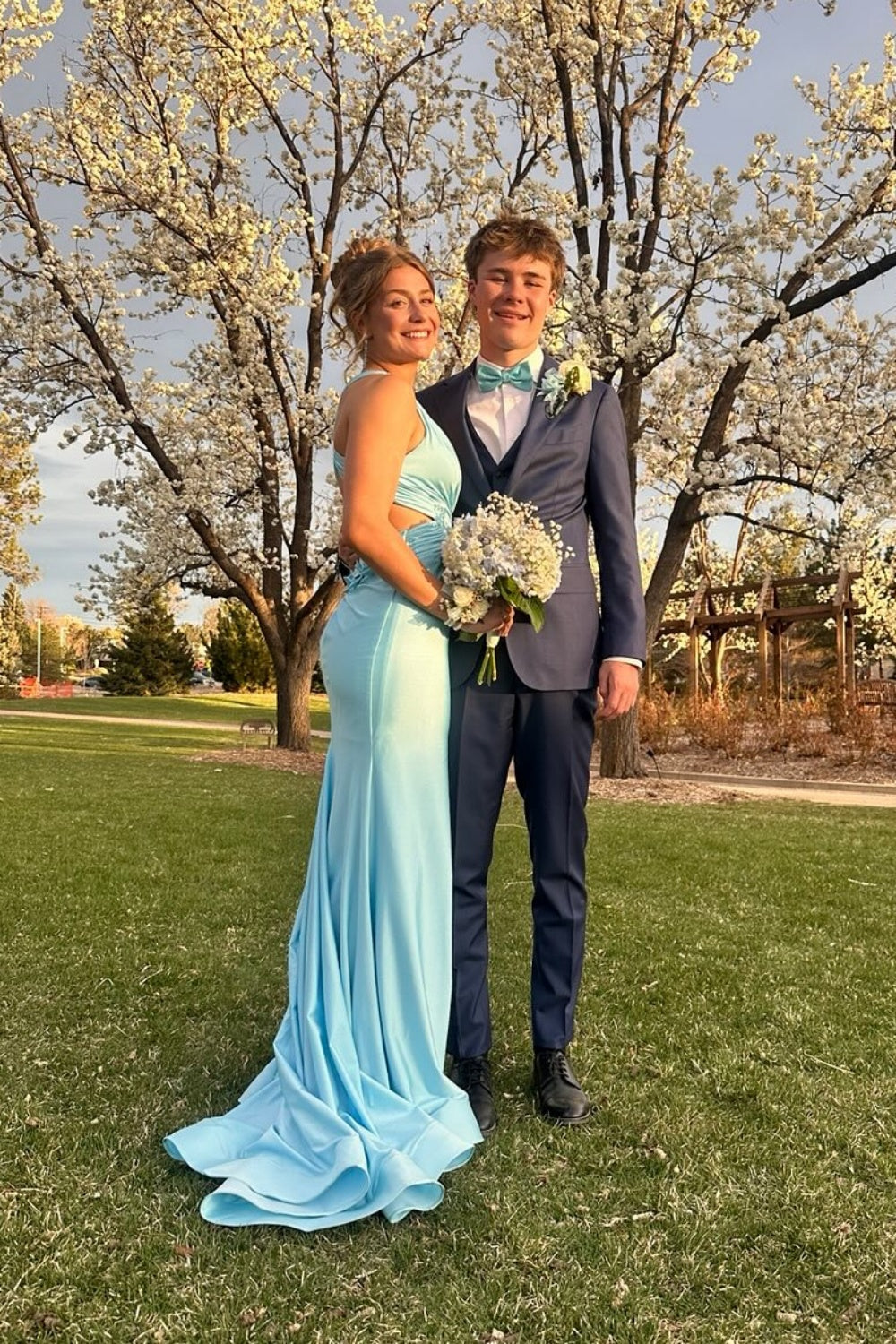 Plunge neck Blue Cut-out Mermaid Long Dress with Rosette