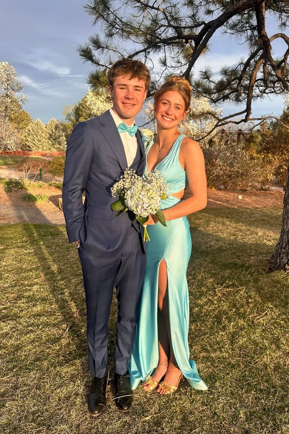 Plunge neck Blue Cut-out Mermaid Long Dress with Rosette