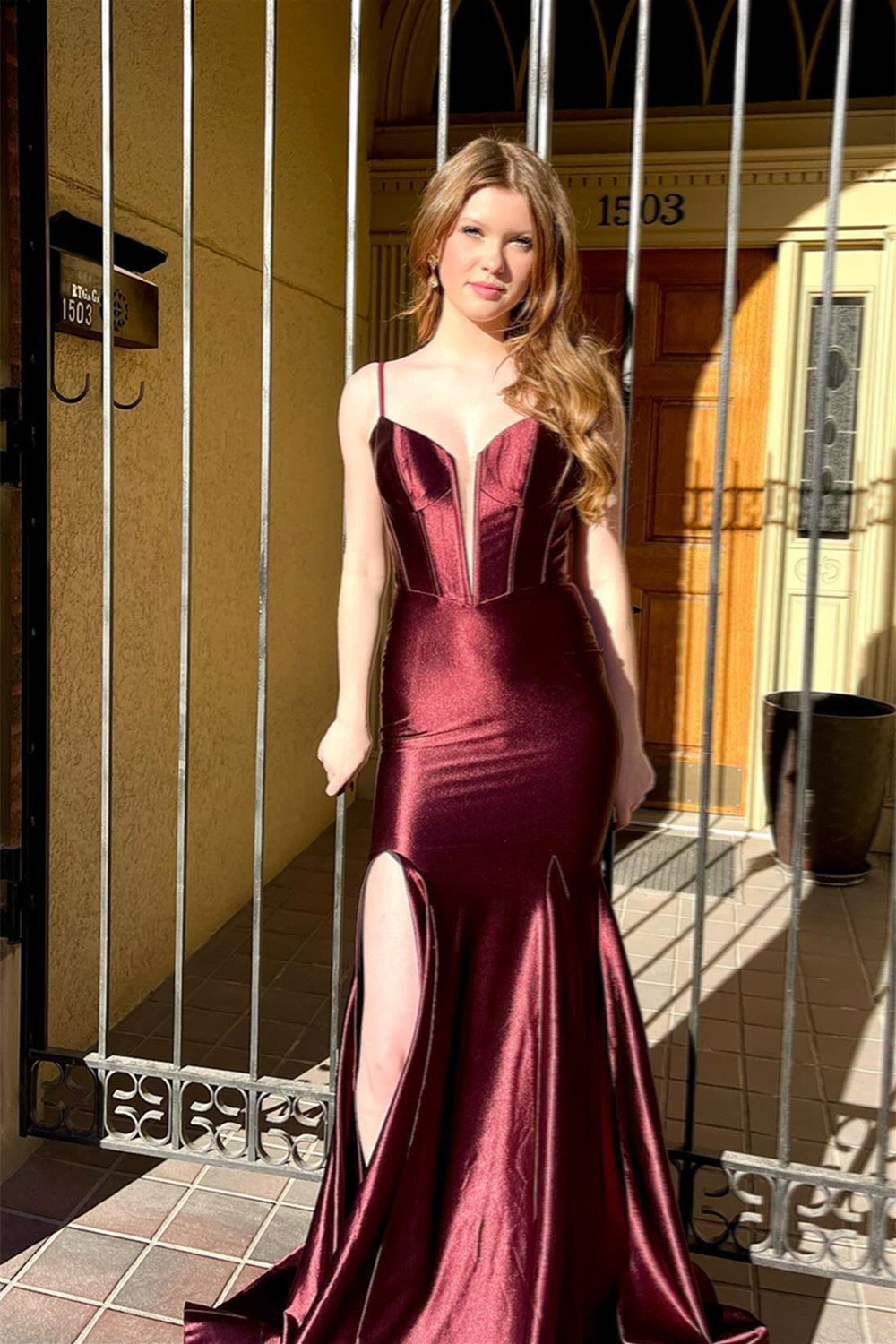 Plunge Neck Burgundy Mermaid Long Dress with Slit