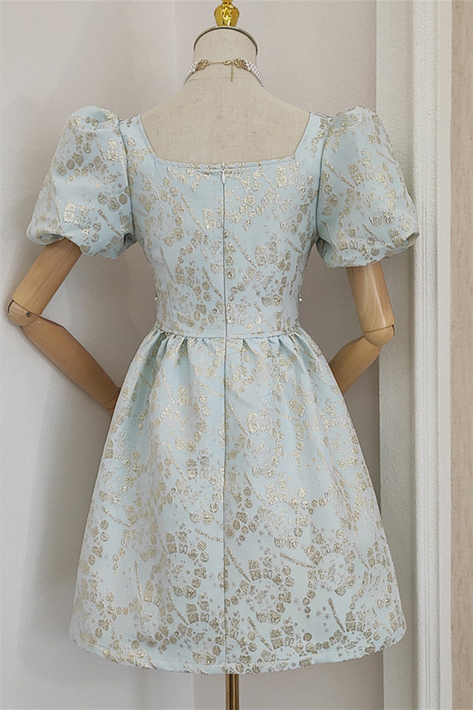 
                      
                        Puff Sleeves Champagne A-line Short Dress with Pearls
                      
                    