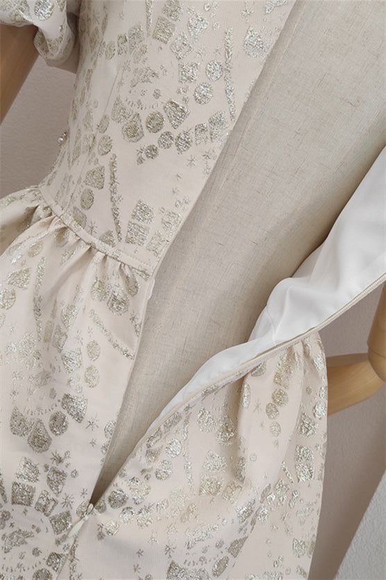 
                      
                        Puff Sleeves Champagne A-line Short Dress with Pearls
                      
                    