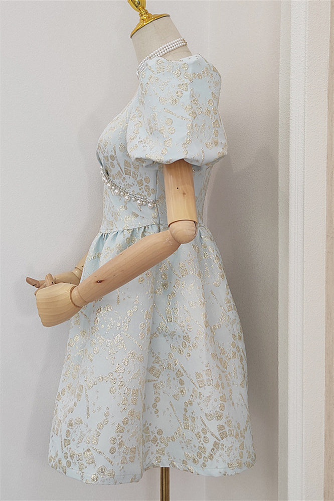 
                      
                        Puff Sleeves Champagne A-line Short Dress with Pearls
                      
                    