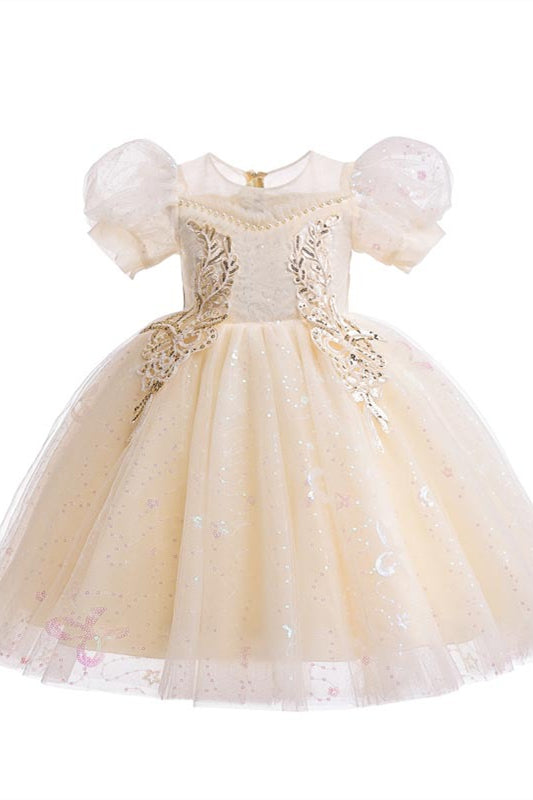 
                      
                        Puff Sleeves Champagne Flower Girl Dress with Sequin
                      
                    