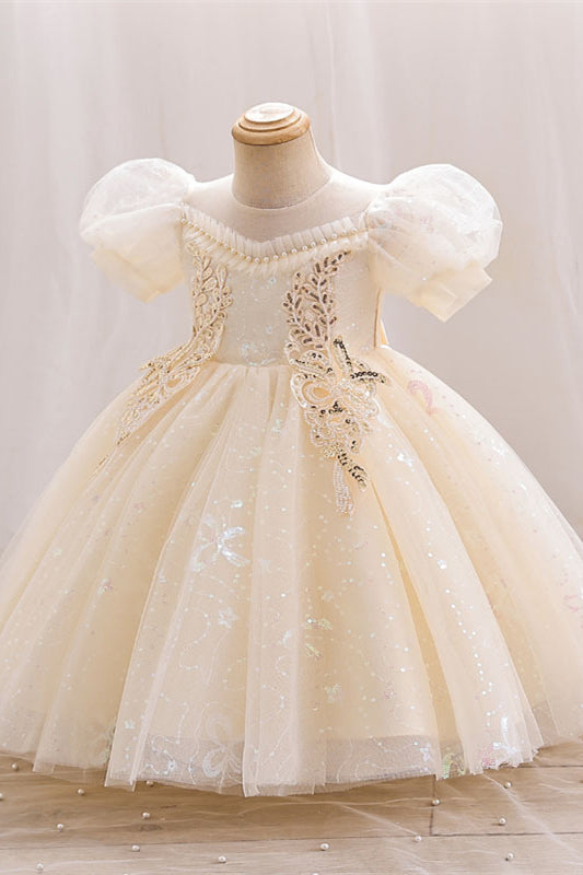 Puff Sleeves Champagne Flower Girl Dress with Sequin