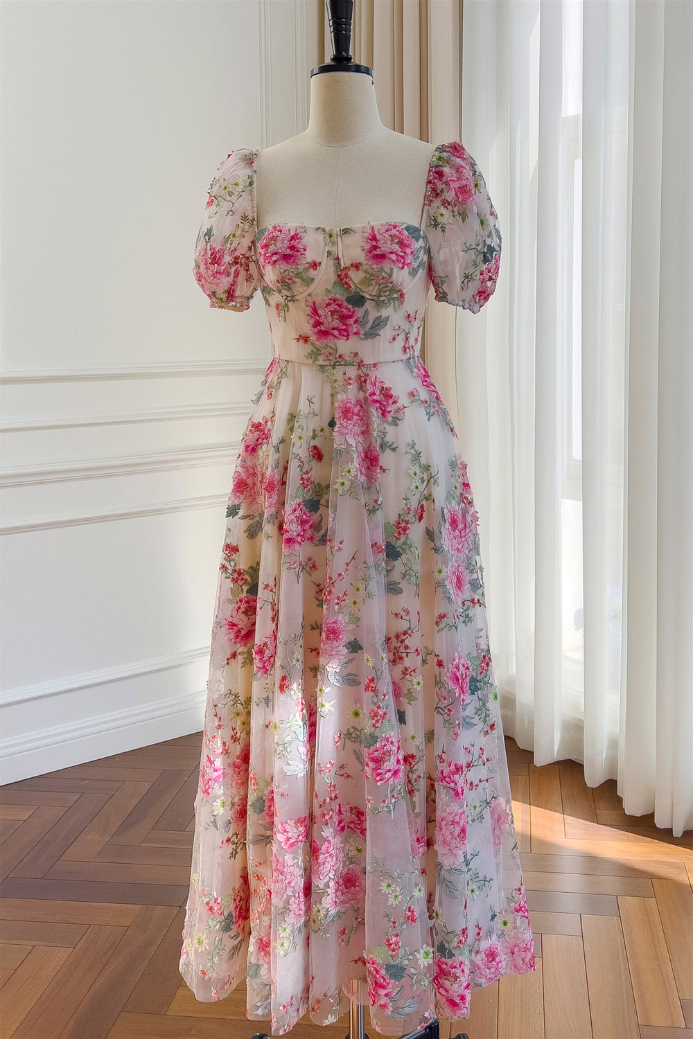 Puff Sleeves Floral A-line Long Dress with Belt