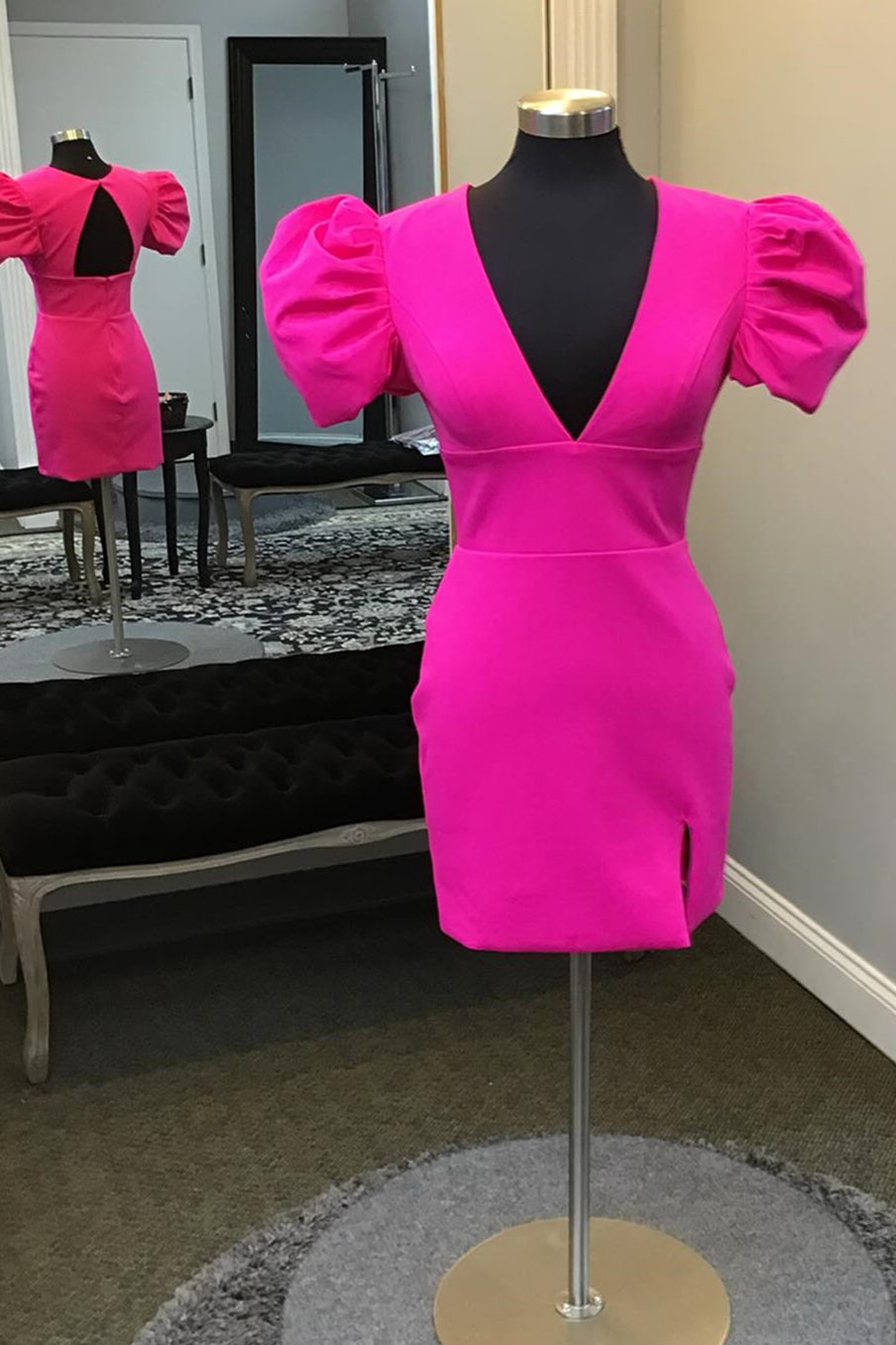 Puff Sleeves Hot Pink Bodycon Short Dress