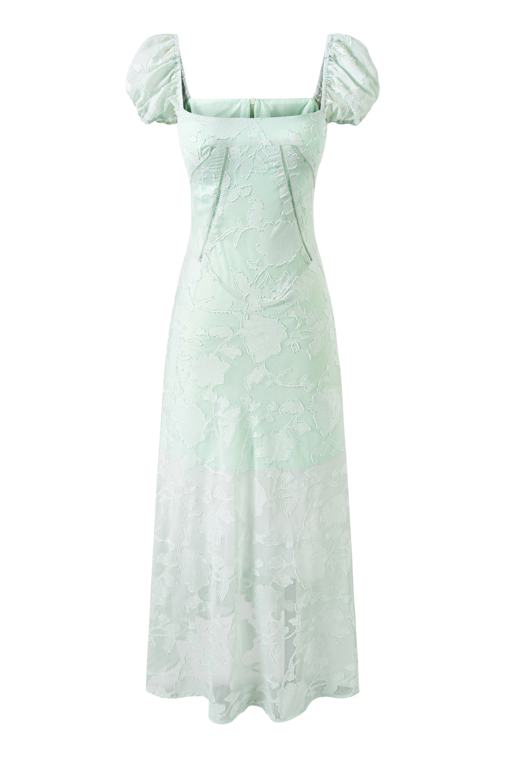 Puff Sleeves Green Floral Long Dress