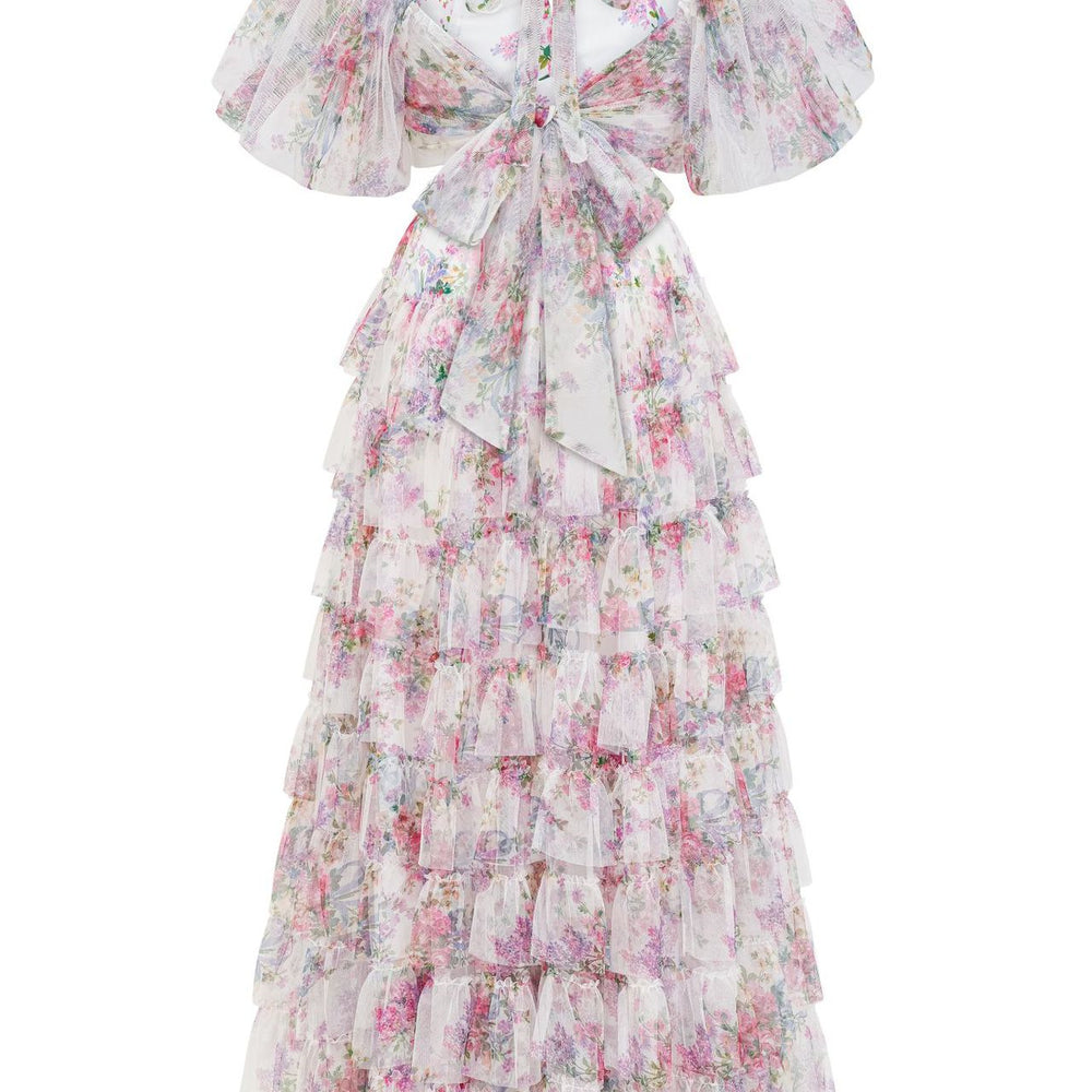 
                      
                        Puff Sleeves Lavender Print Tiered Long Dress
                      
                    