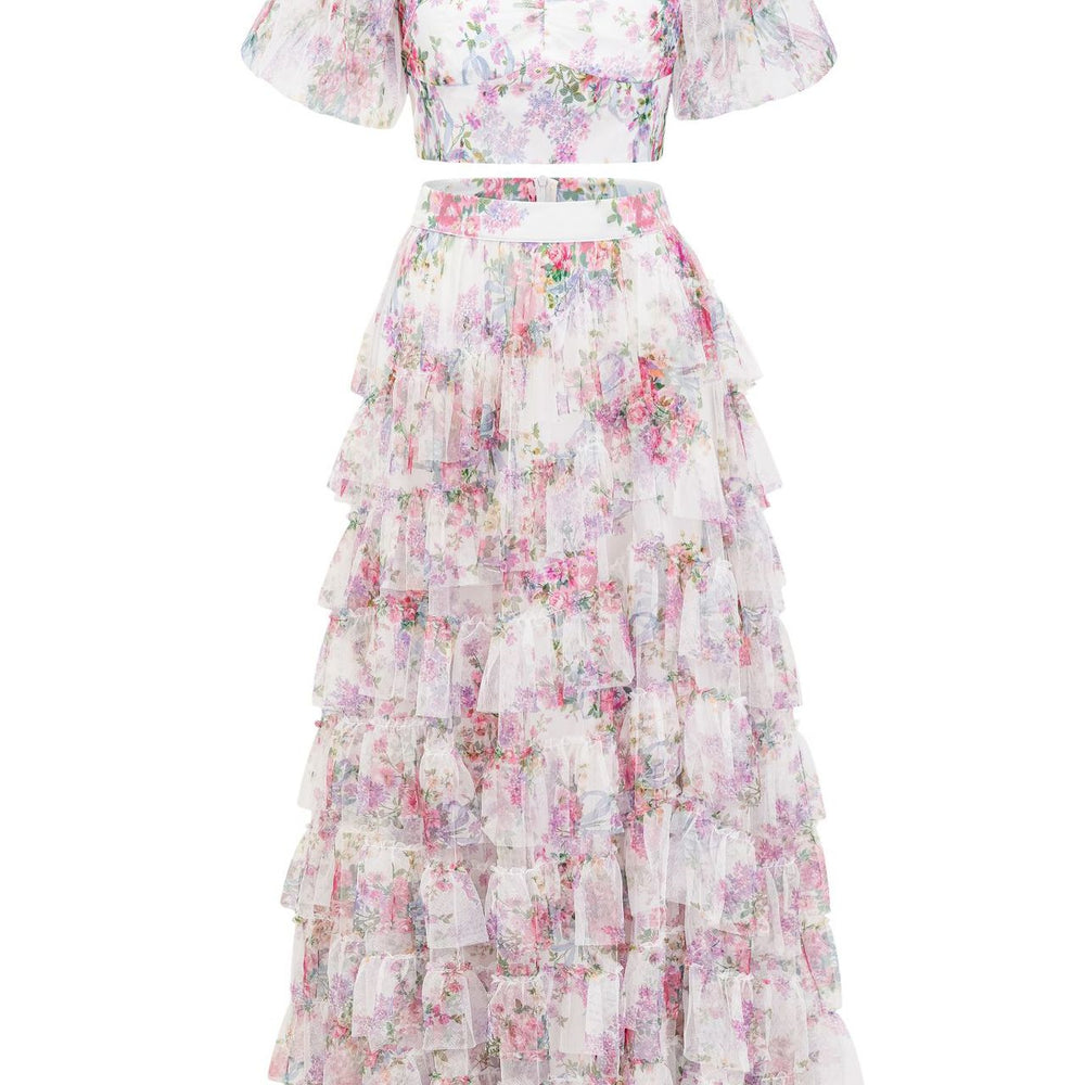 
                      
                        Puff Sleeves Lavender Print Tiered Long Dress
                      
                    