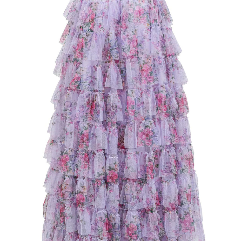 
                      
                        Puff Sleeves Lavender Print Tiered Long Dress
                      
                    