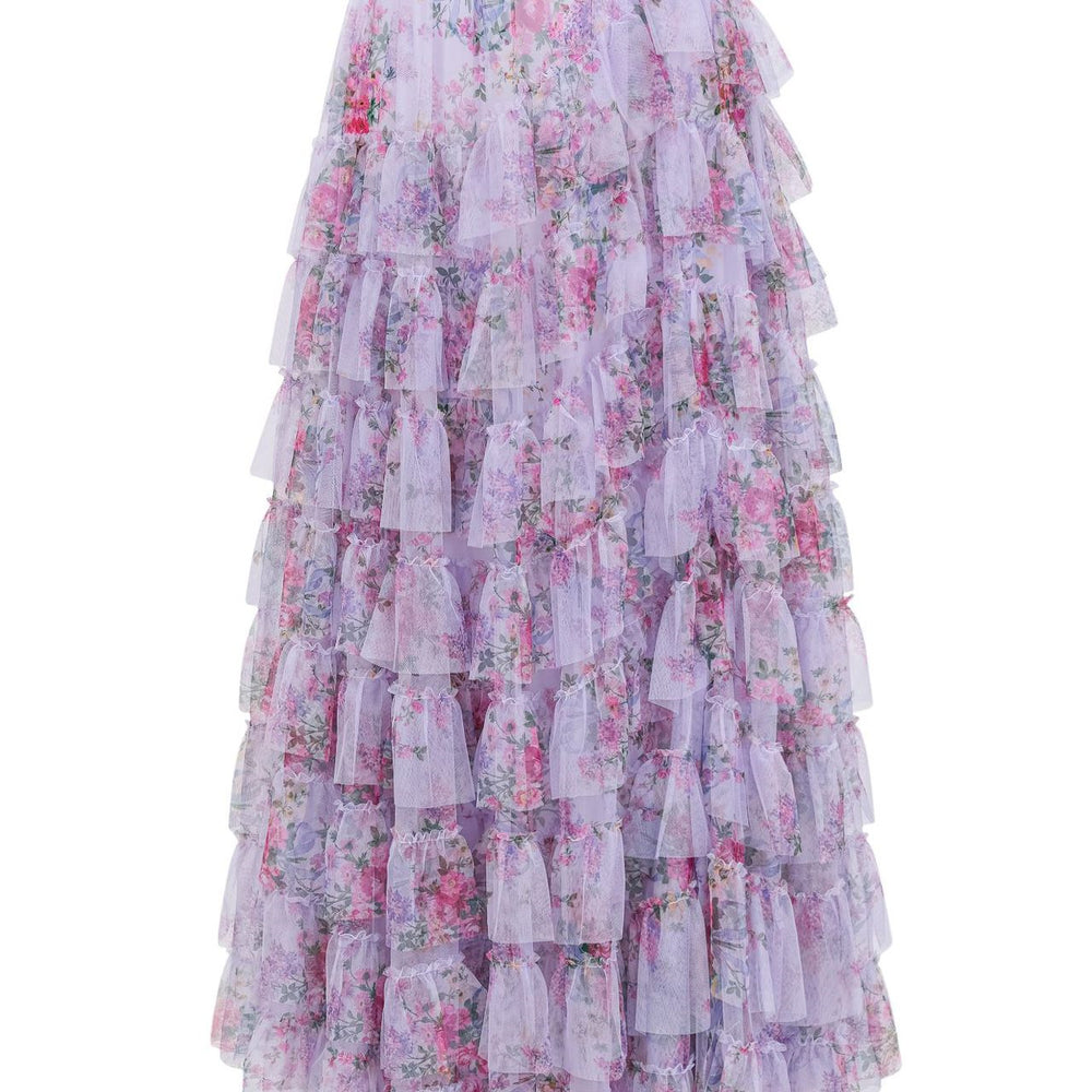 
                      
                        Puff Sleeves Lavender Print Tiered Long Dress
                      
                    