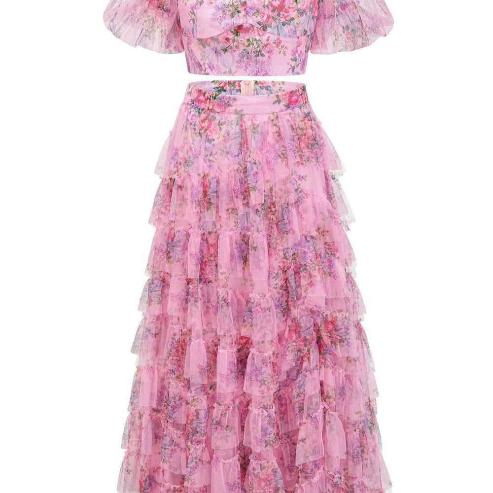 
                      
                        Puff Sleeves Lavender Print Tiered Long Dress
                      
                    