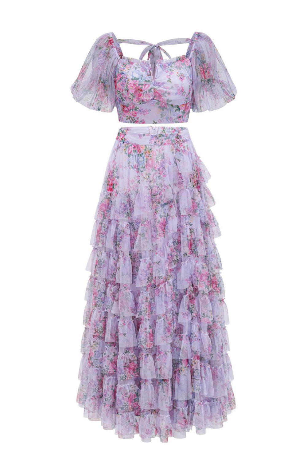 Puff Sleeves Lavender Print Tiered Long Dress