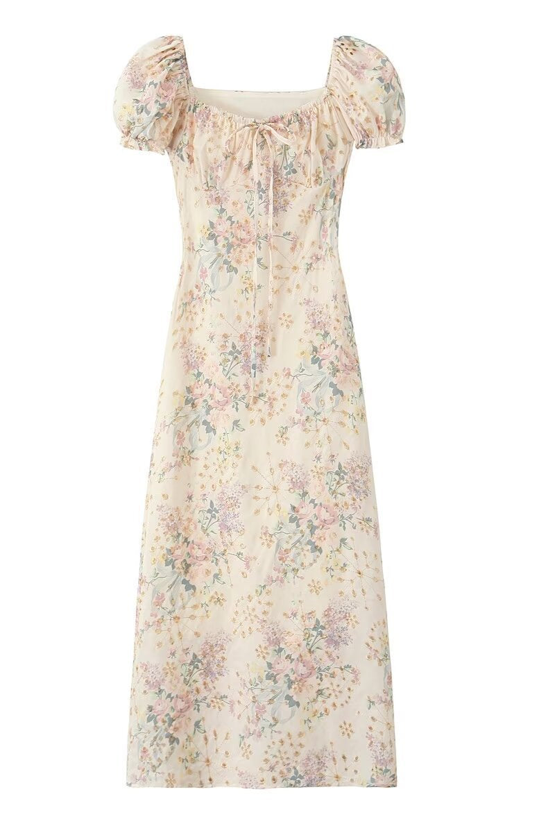 Puff Sleeves Light Apricot Floral Print Summer Dress