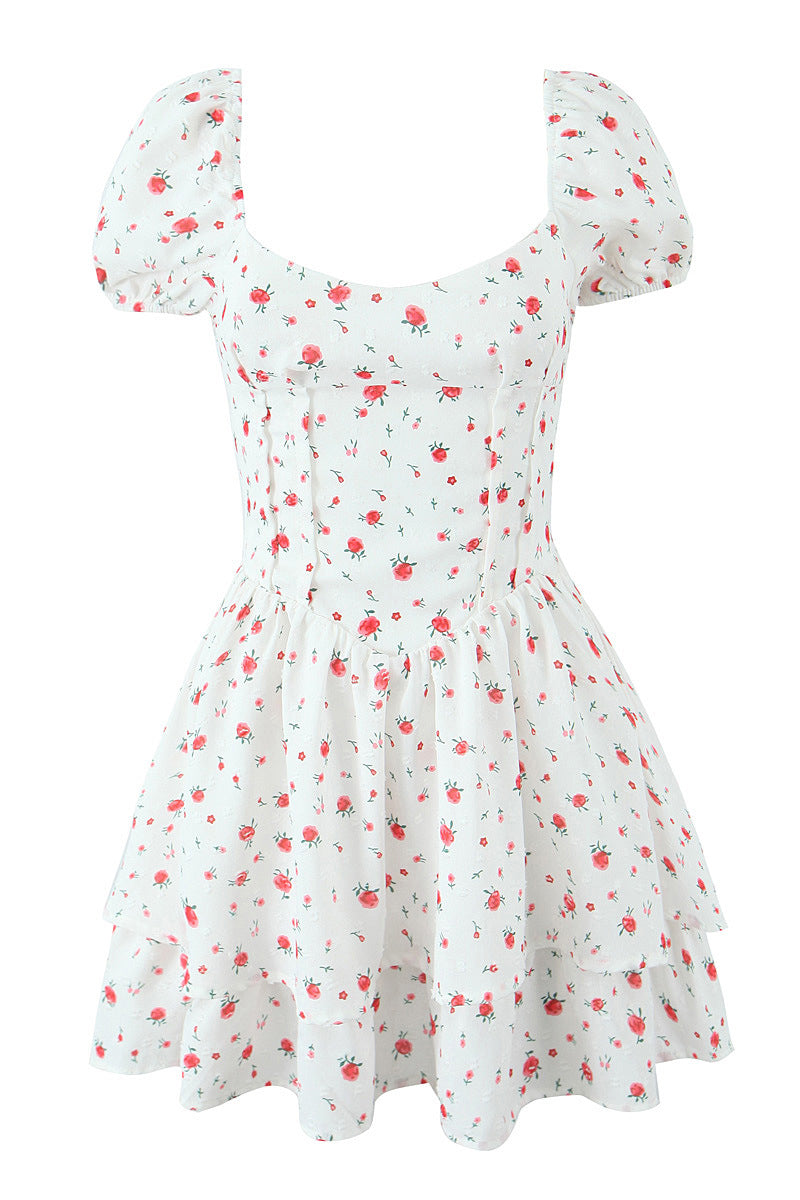 Puff Sleeves White Floral Print A-line Short Dress