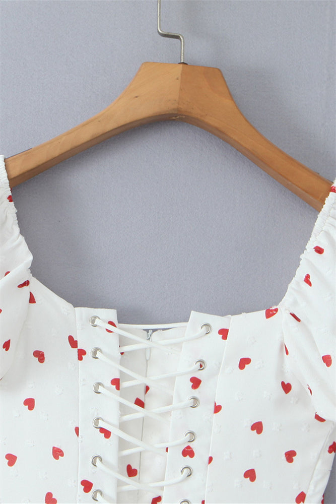 
                      
                        Puff Sleeves White Floral Print A-line Short Dress
                      
                    