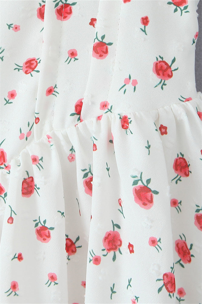 
                      
                        Puff Sleeves White Floral Print A-line Short Dress
                      
                    