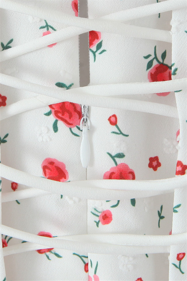 
                      
                        Puff Sleeves White Floral Print A-line Short Dress
                      
                    