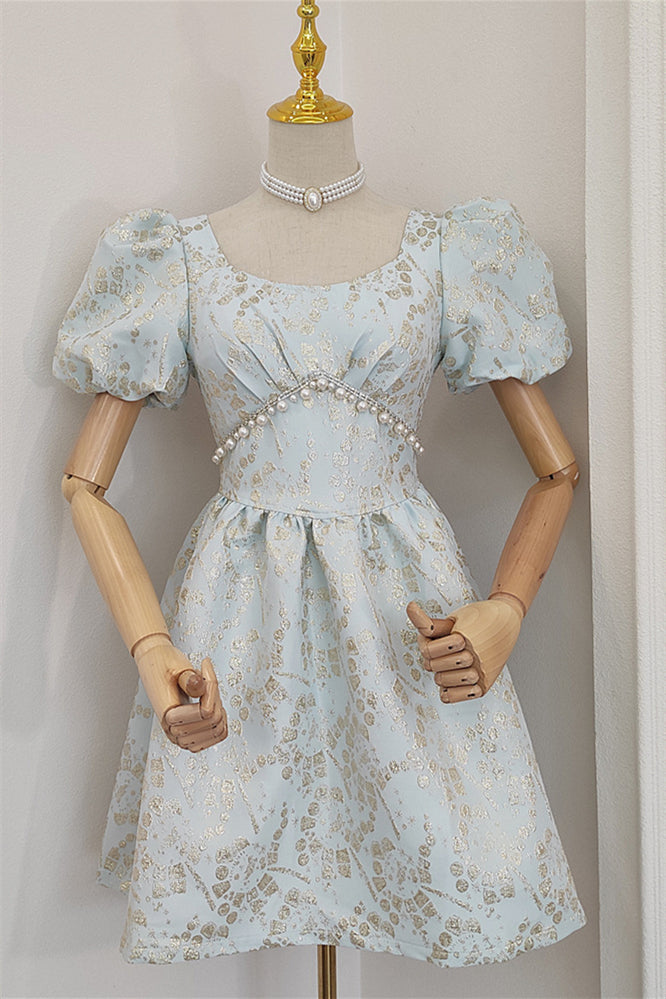 Puff Sleeves Champagne A-line Short Dress with Pearls
