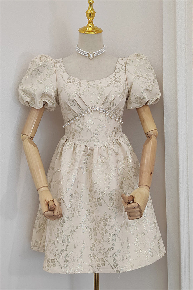 Puff Sleeves Champagne A-line Short Dress with Pearls