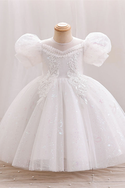 
                      
                        Puff Sleeves Champagne Flower Girl Dress with Sequin
                      
                    