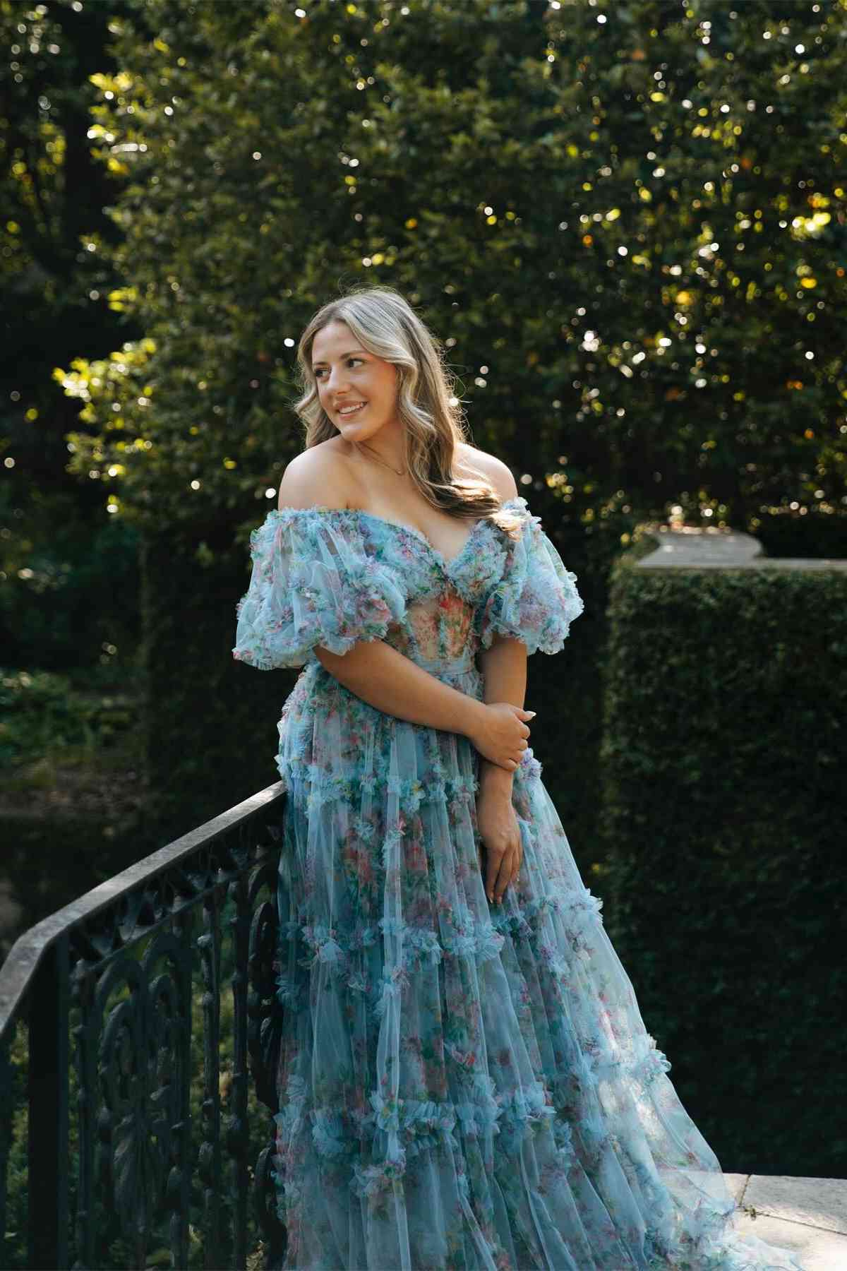 Puff Sleeves Floral Print Long Dress with Belt