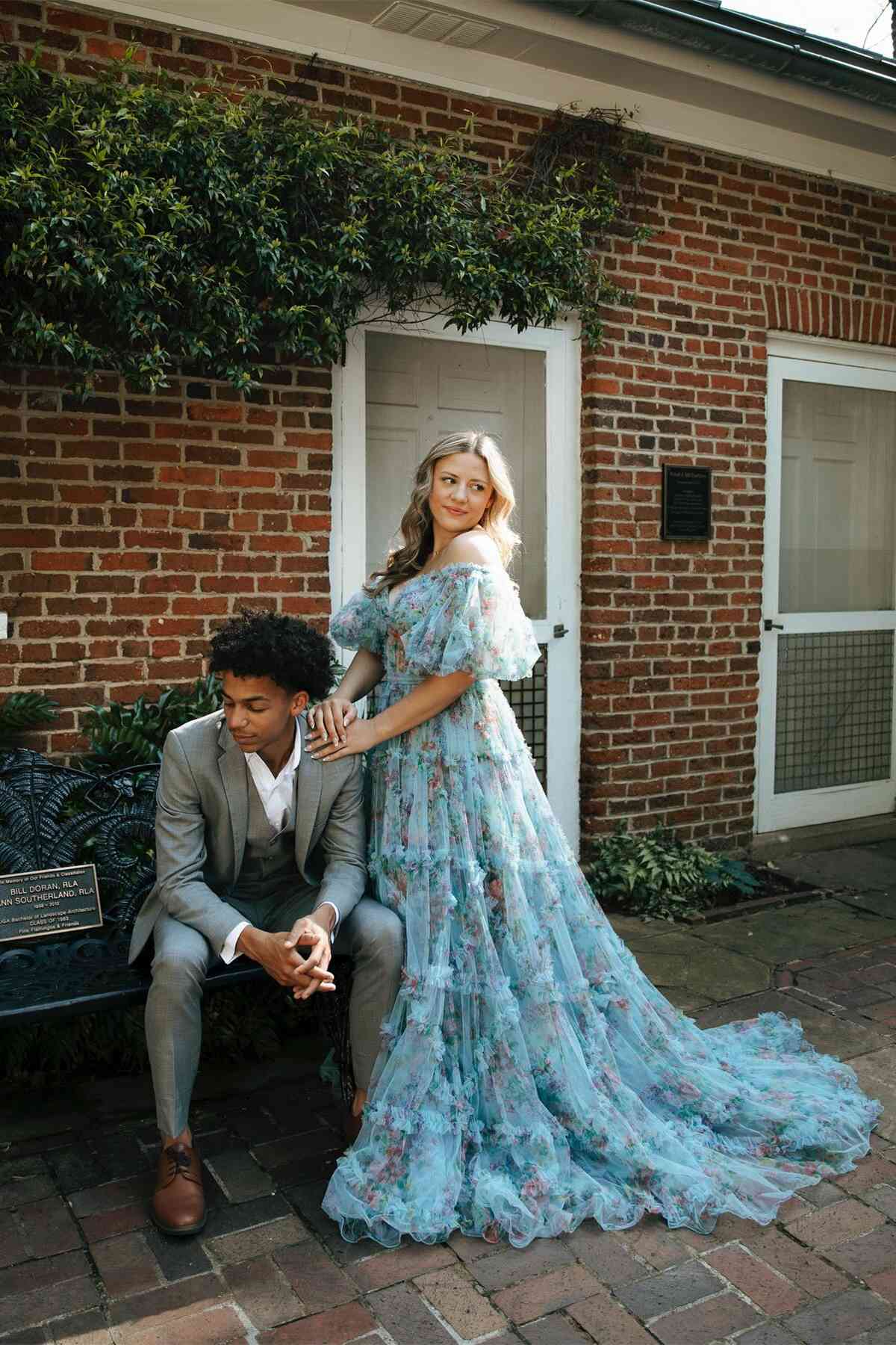 Puff Sleeves Floral Print Long Dress with Belt