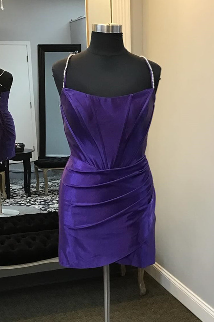 Purple Beaded Straps Ruched Bodycon Short Dress