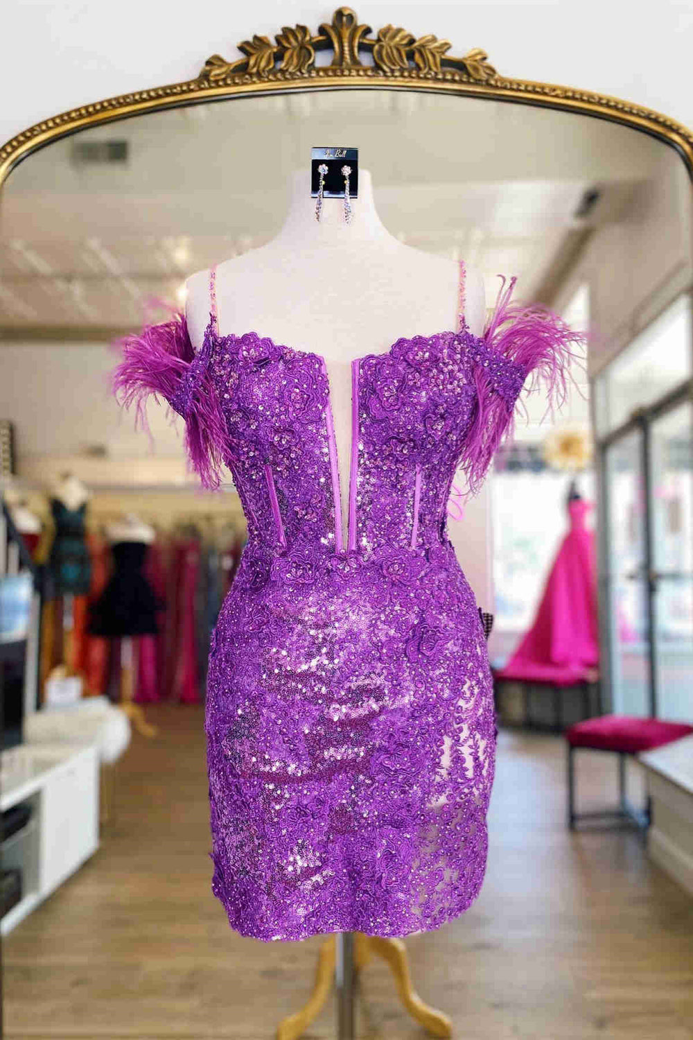 Purple Sequin Appliques Bodycon Short Dress