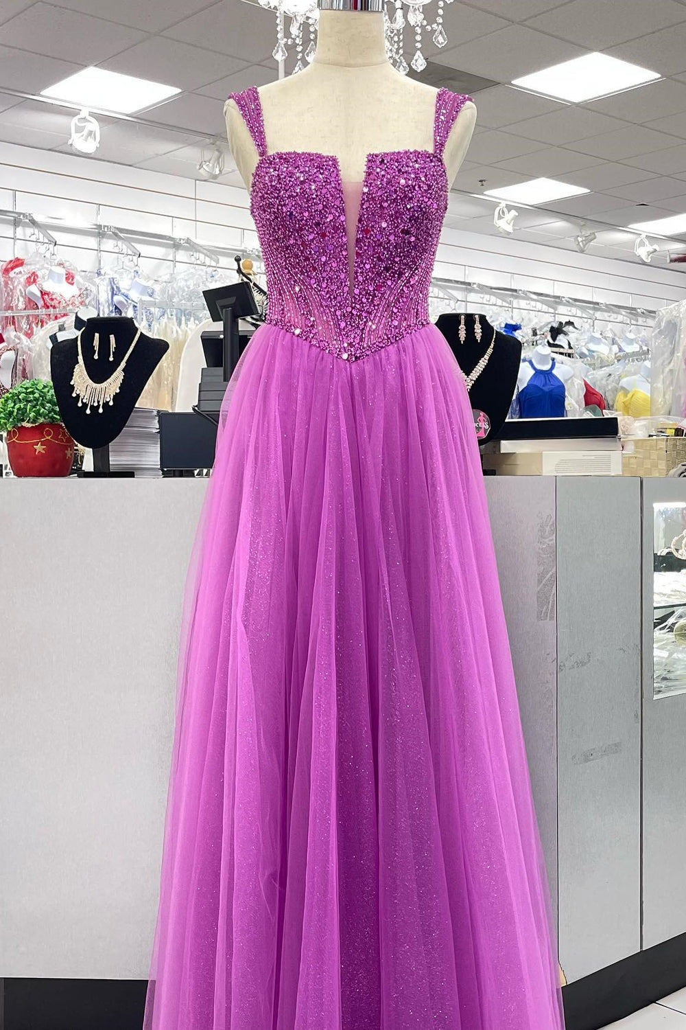 Purple Beaded A-line Tulle Long Formal Dress