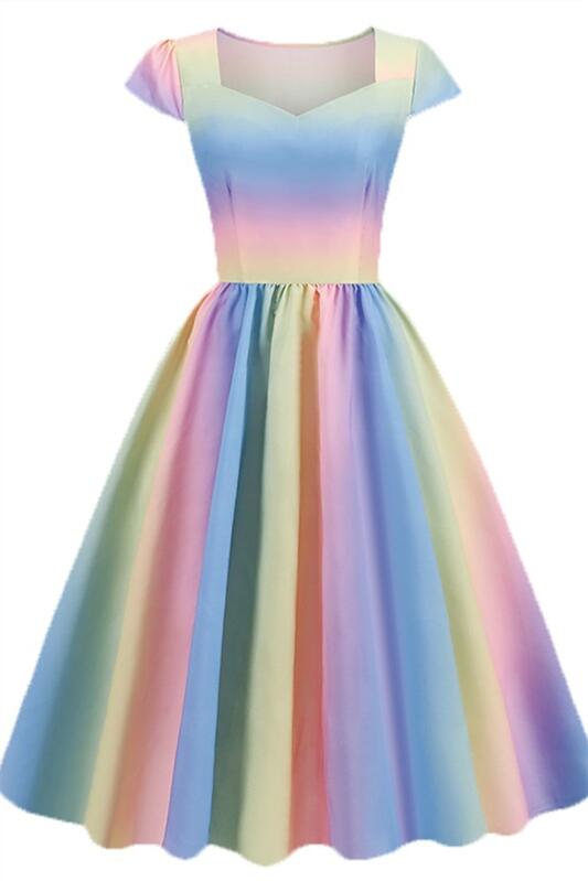 Rainbow 1950s Cap Sleeve Pleated Vintage Dresses