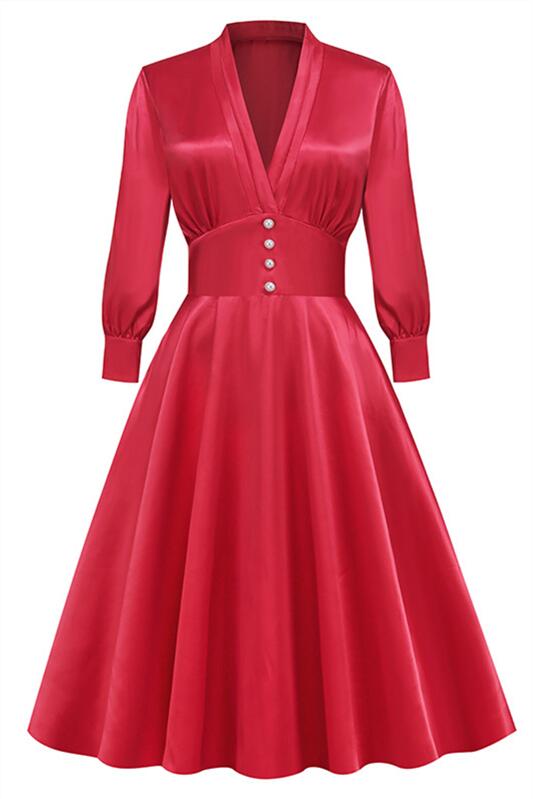 Red 1950s Button Front Long Sleeves Vintage Dress