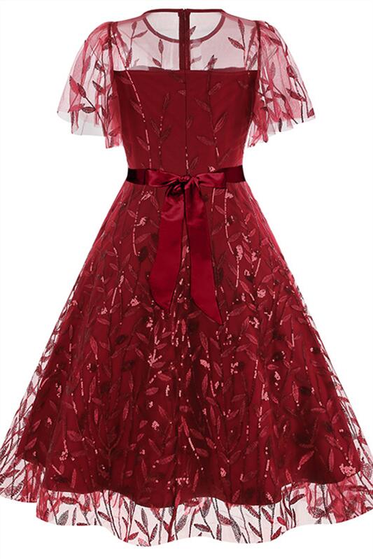 Red 1950s Leaf Mesh Back Tie Vintage Dress