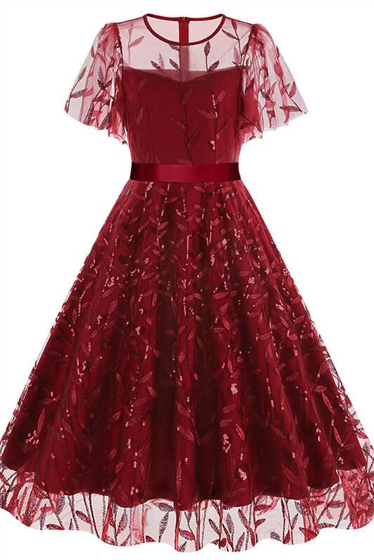 Red 1950s Leaf Mesh Back Tie Vintage Dress