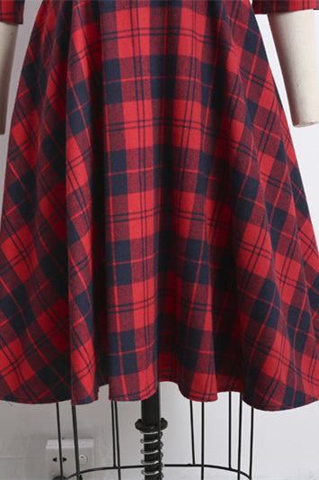 Red 1950s Plaid 3/4 Sleeve Vintage Dress