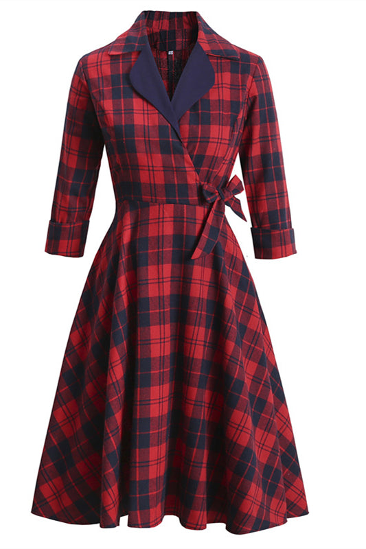 Red 1950s Plaid 3/4 Sleeve Vintage Dress