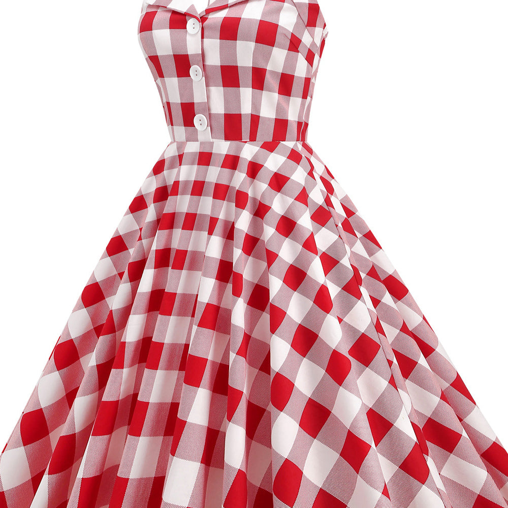 
                      
                        Red 1950s Plaid Halter Swing Dress with Pockets
                      
                    