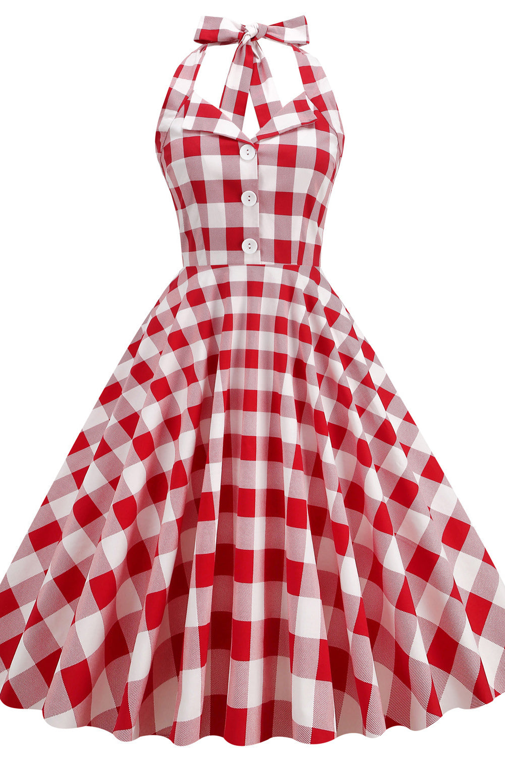 Red 1950s Plaid Halter Swing Dress with Pockets