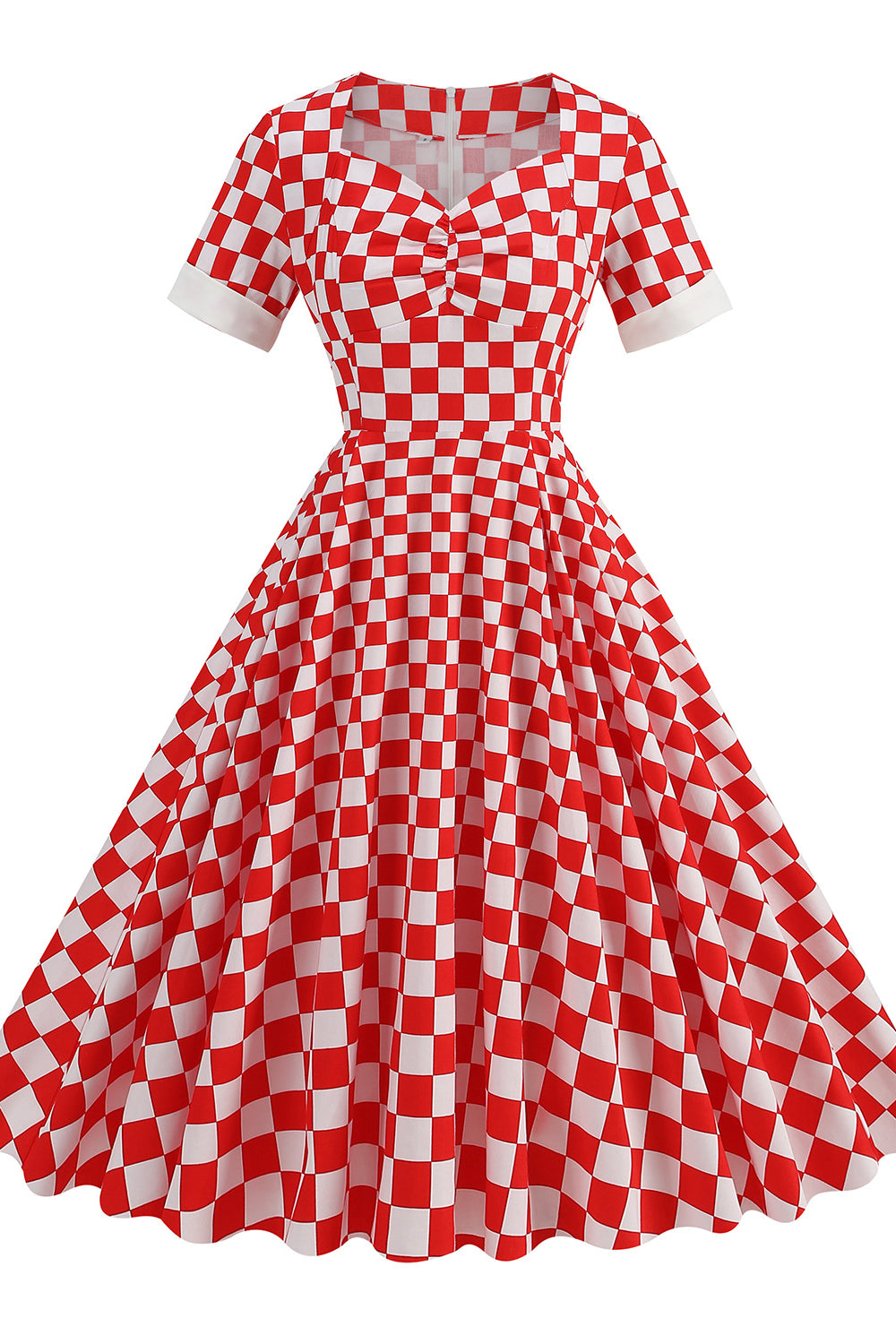 Red 1950s Plaid Ruched Big Swing Dress