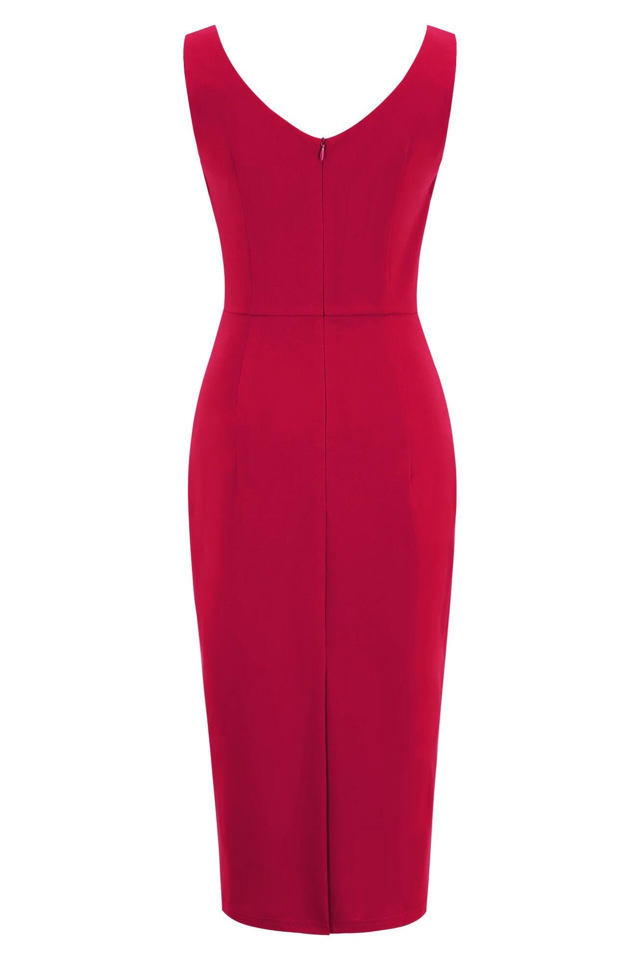 Red 1950s Solid V Neck Bodycon Vintage Dress