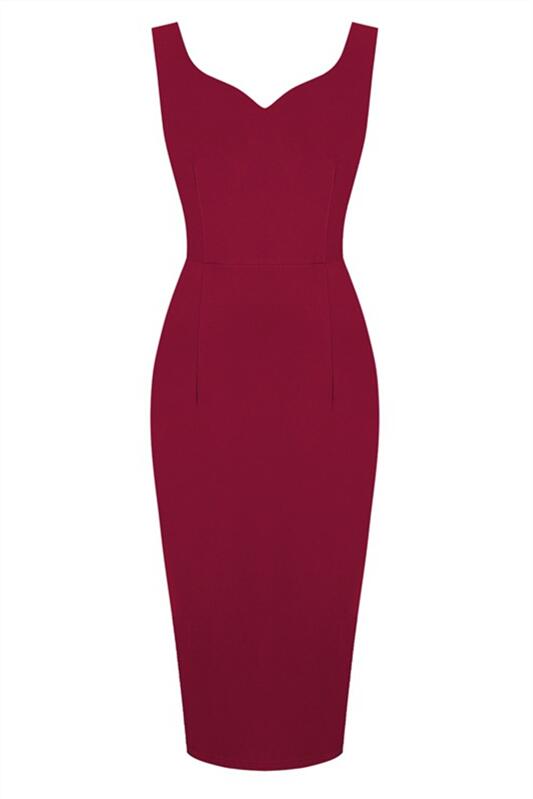Red 1950s Solid V Neck Bodycon Vintage Dress