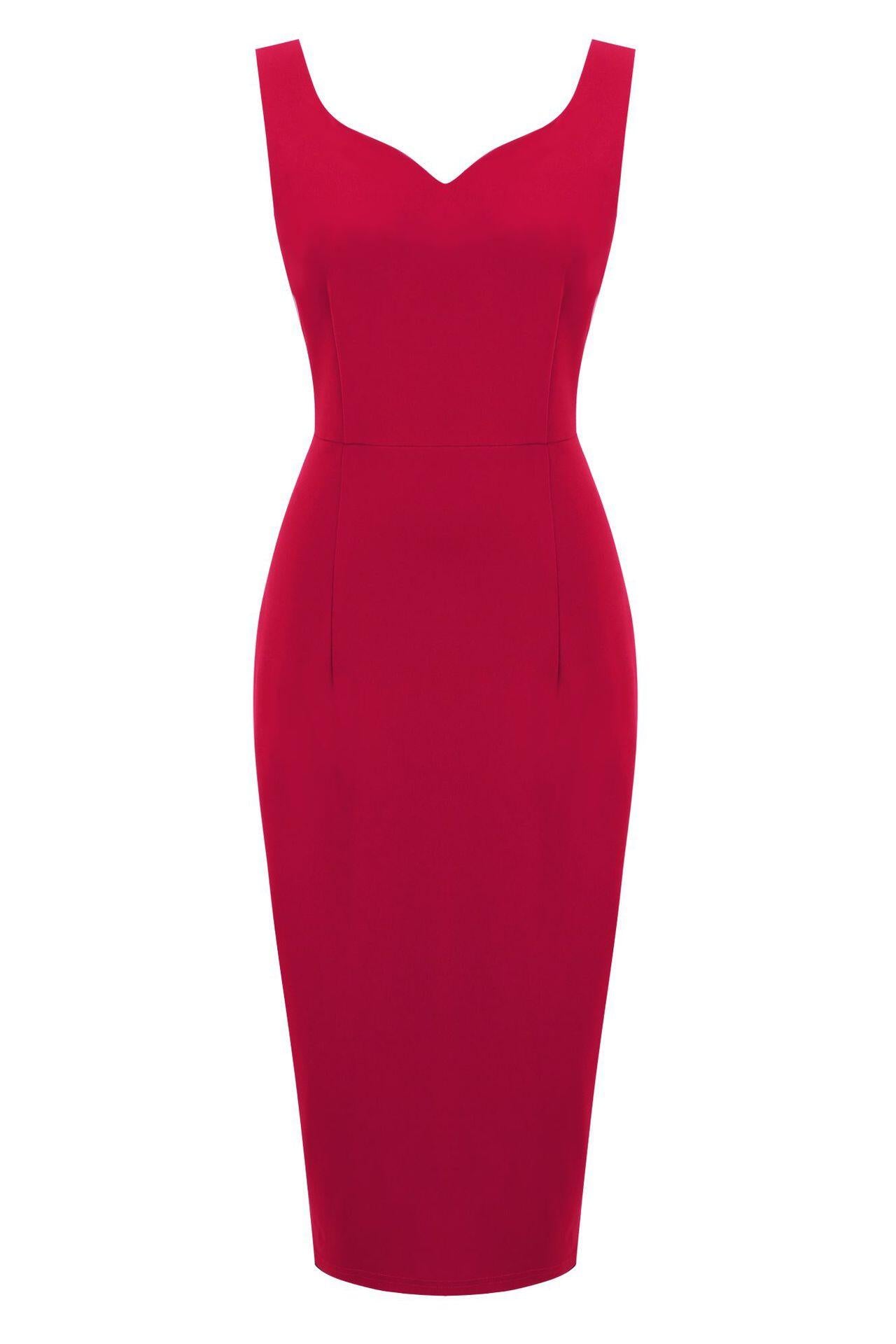 Red 1950s Solid V Neck Bodycon Vintage Dress