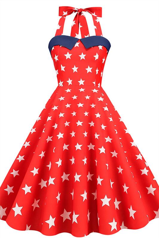 Red 1950s Star Print Halter Vintage Dress