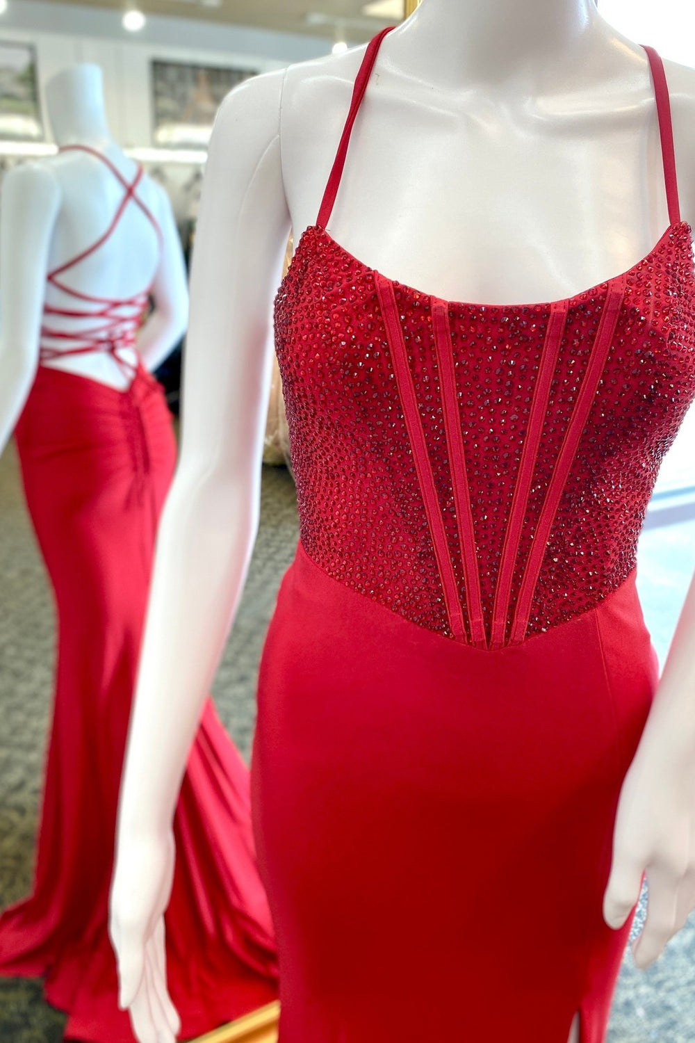 Red Beaded Satin Mermaid Long Formal Dress