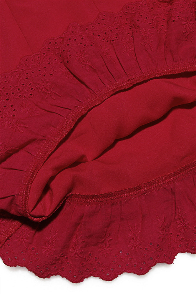 
                      
                        Red Button Front Tiered Short Dress with Embroidery
                      
                    